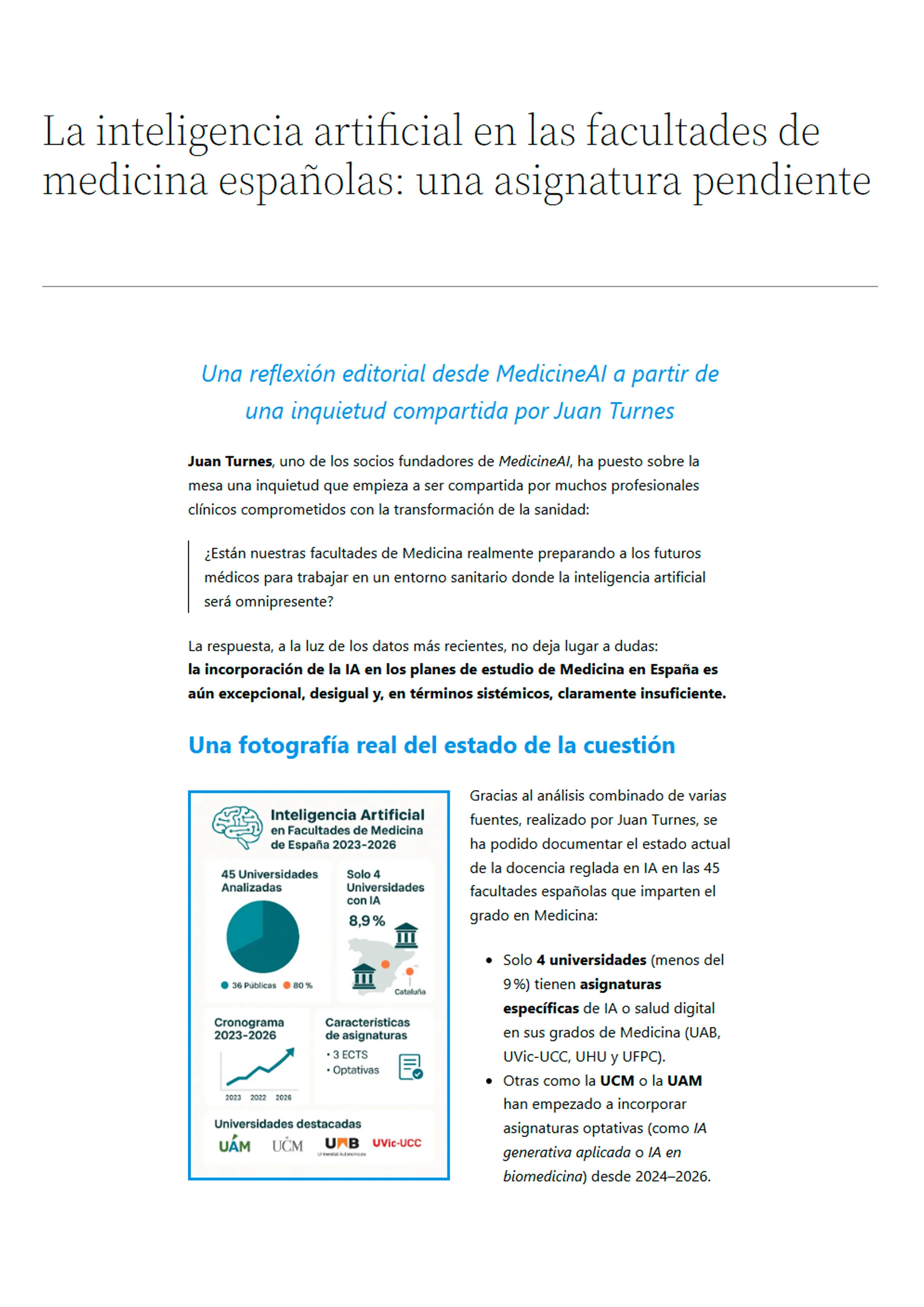 La inteligencia artificial en las facultades de medicina españolas: una asignatura pendiente