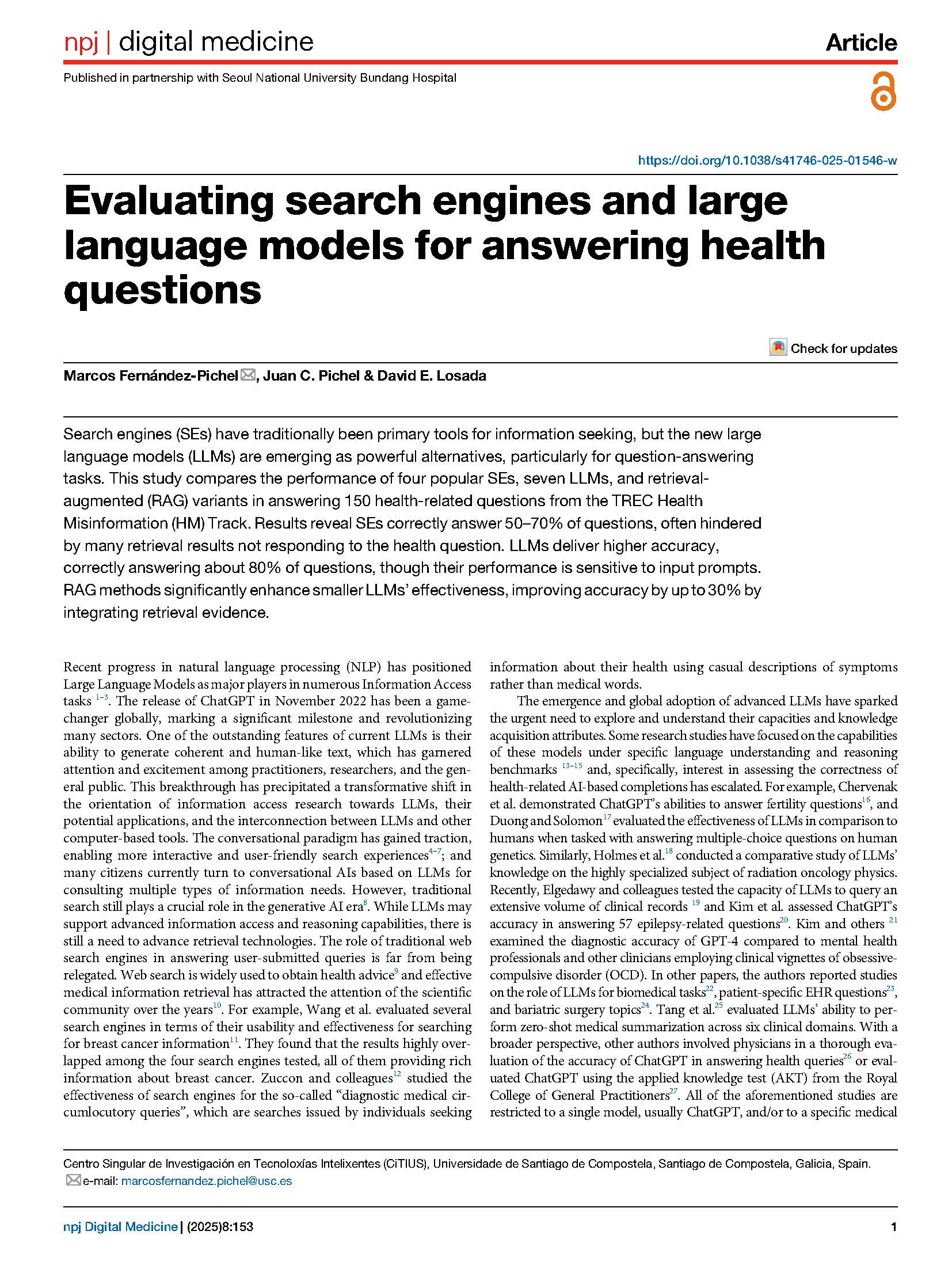Evaluating search engines and large language models for answering health questions